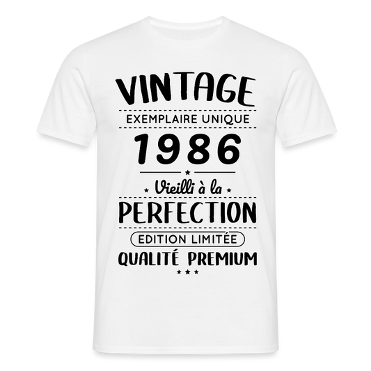 T-shirt anniversaire homme 40 ans coloris clair – Vintage 1986 – Perfection - blanc