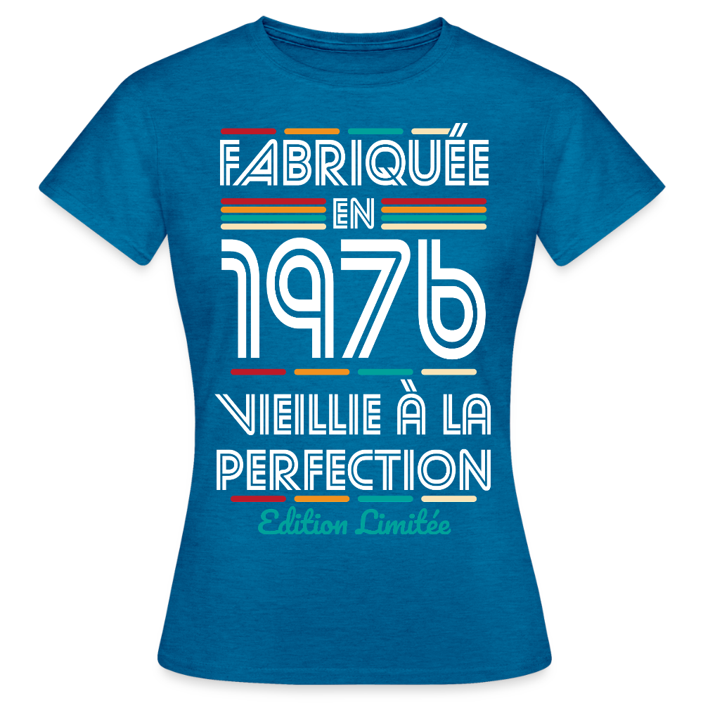 T-shirt anniversaire femme 50 ans – Fabriquée en 1976, Vieillie à la Perfection - bleu saphir antique chiné