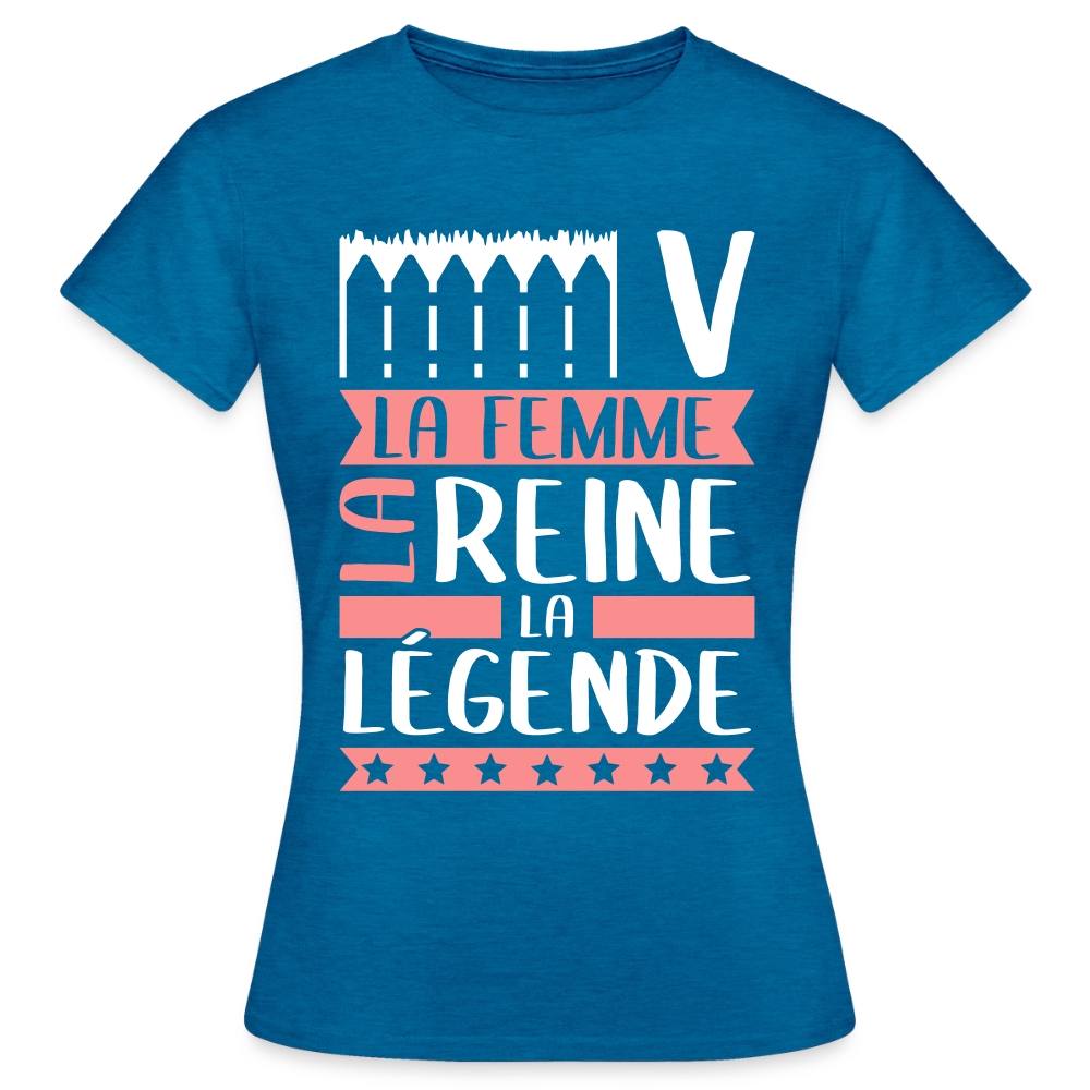 T-shirt femme Eve rébus – La femme, la reine, la légende - bleu saphir antique chiné