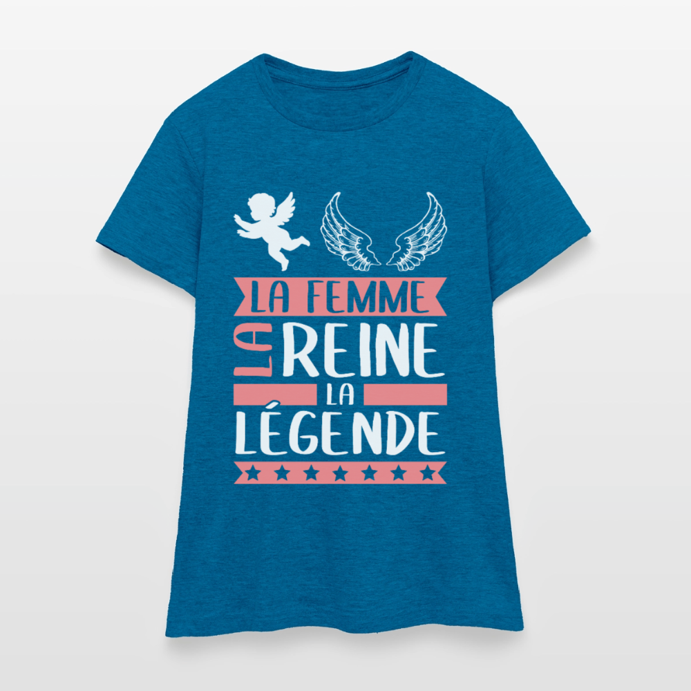T-shirt femme Angèle rébus – La femme, la reine, la légende - bleu saphir antique chiné