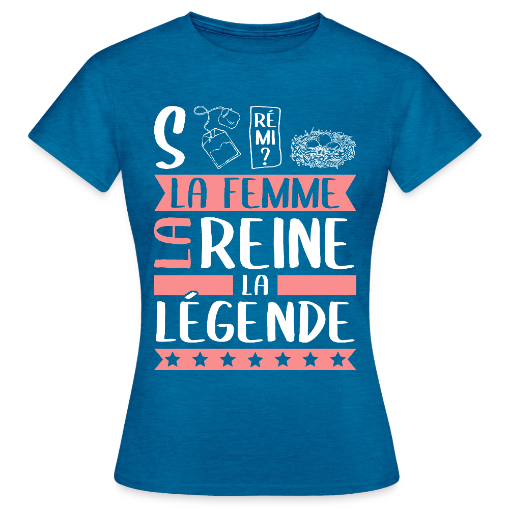 T-shirt femme Stéphanie rébus – La femme, la reine, la légende - bleu saphir antique chiné