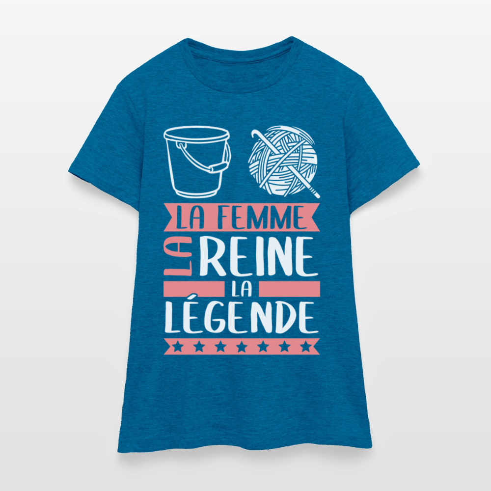 T-shirt femme Solène rébus – La femme, la reine, la légende - bleu saphir antique chiné
