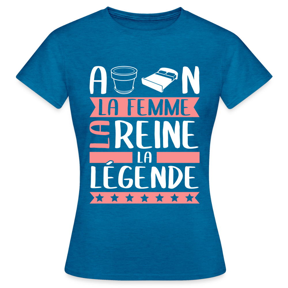 T-shirt femme Apolline rébus – La femme, la reine, la légende - bleu saphir antique chiné