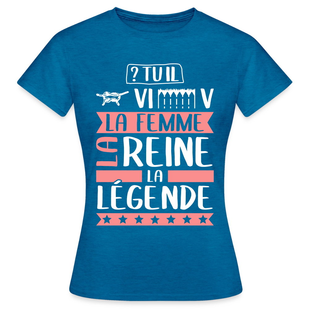 T-shirt femme Geneviève rébus – La femme, la reine, la légende - bleu saphir antique chiné