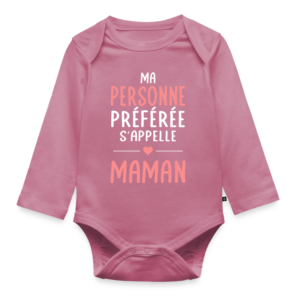 Body bébé bio manches longues texte rose - Ma personne préférée s’appelle Maman - mauve