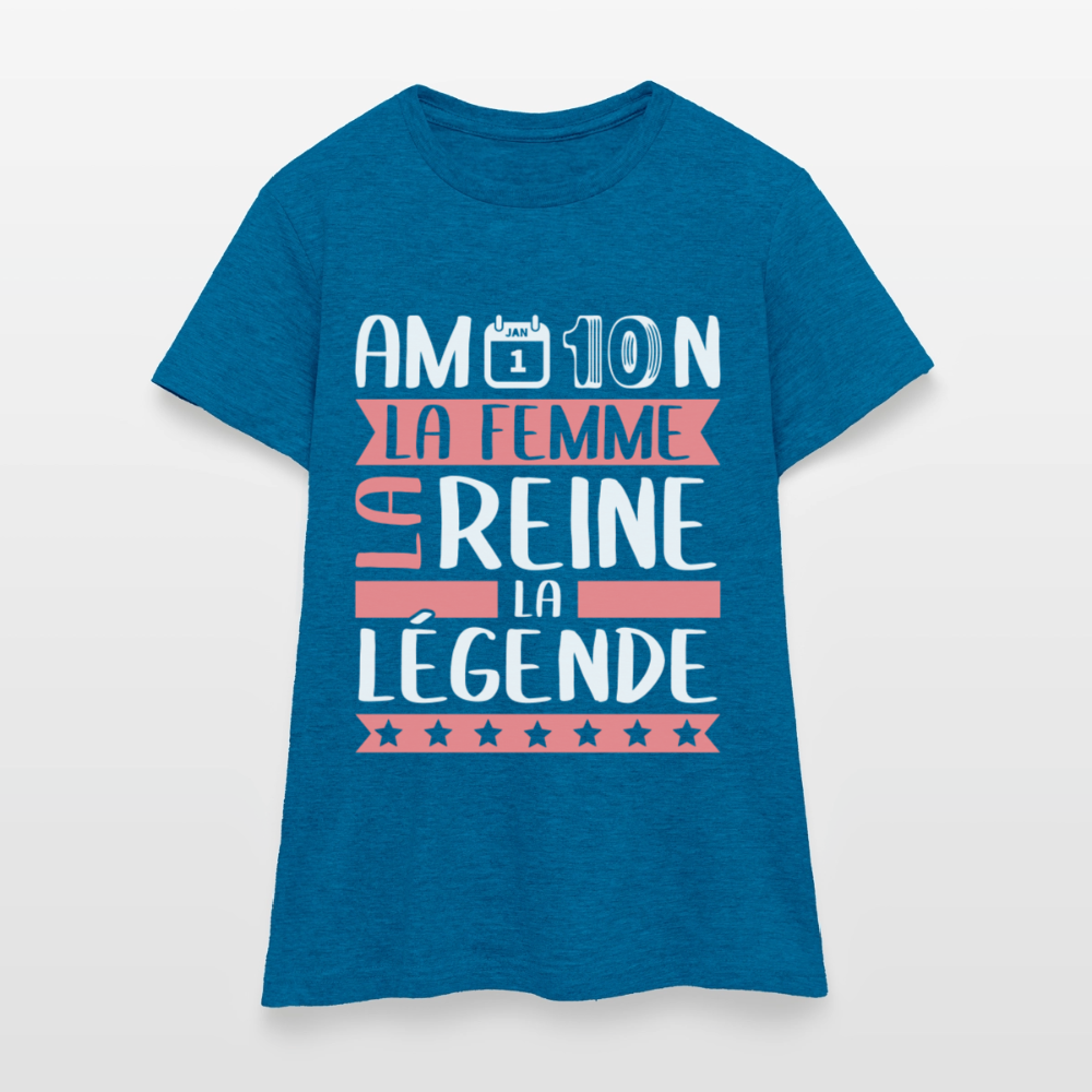 T-shirt femme Amandine rébus – La femme, la reine, la légende - bleu saphir antique chiné