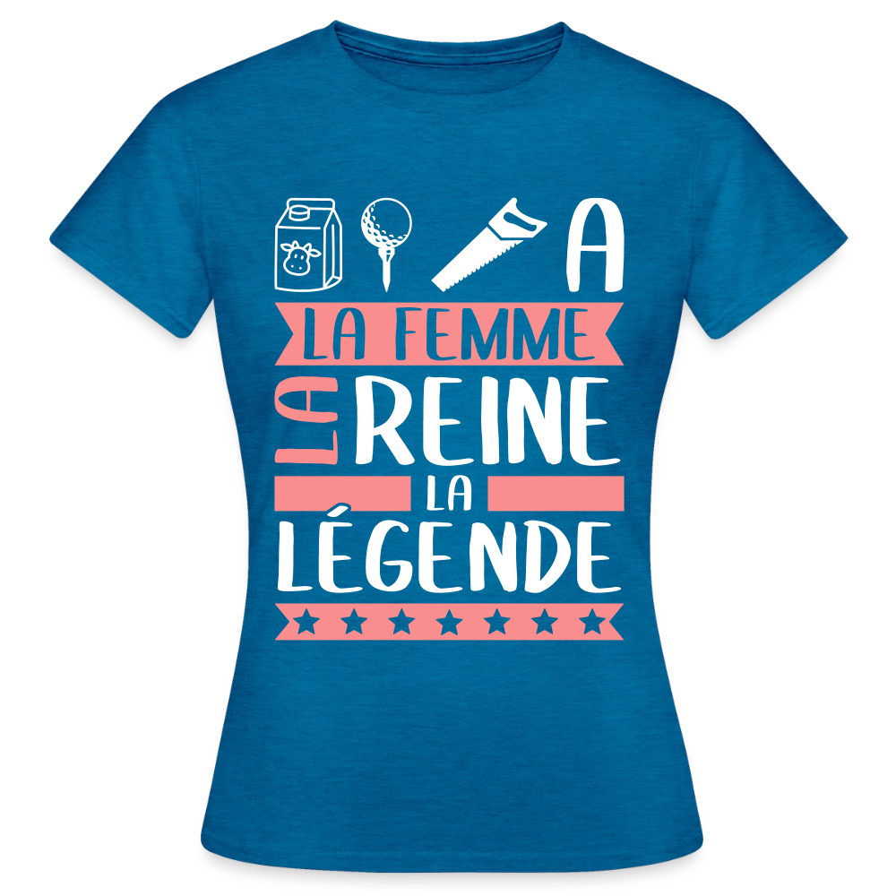 T-shirt femme Laëtitia rébus – La femme, la reine, la légende - bleu saphir antique chiné