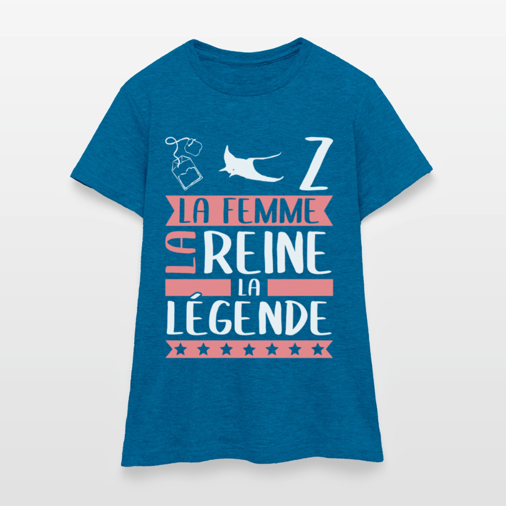 T-shirt femme Thérèse rébus – La femme, la reine, la légende - bleu saphir antique chiné