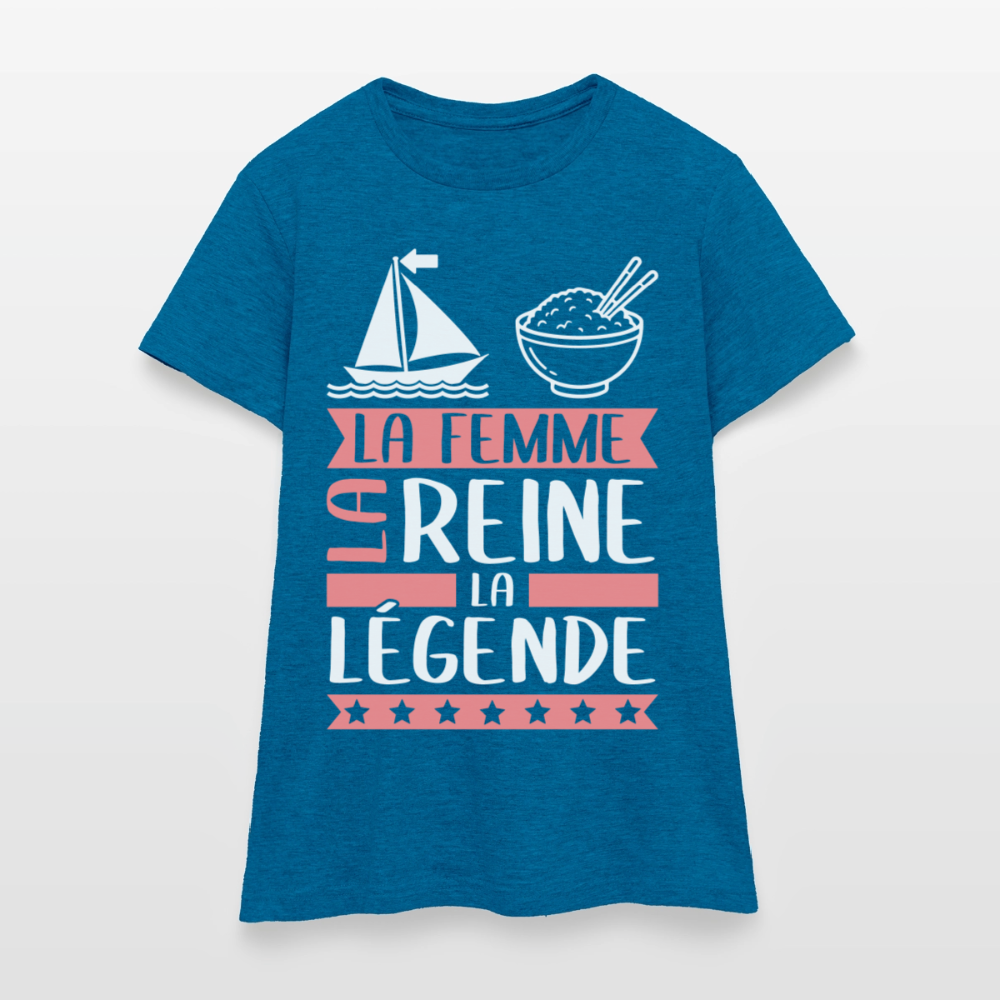 T-shirt femme Marie rébus – La femme, la reine, la légende - bleu saphir antique chiné