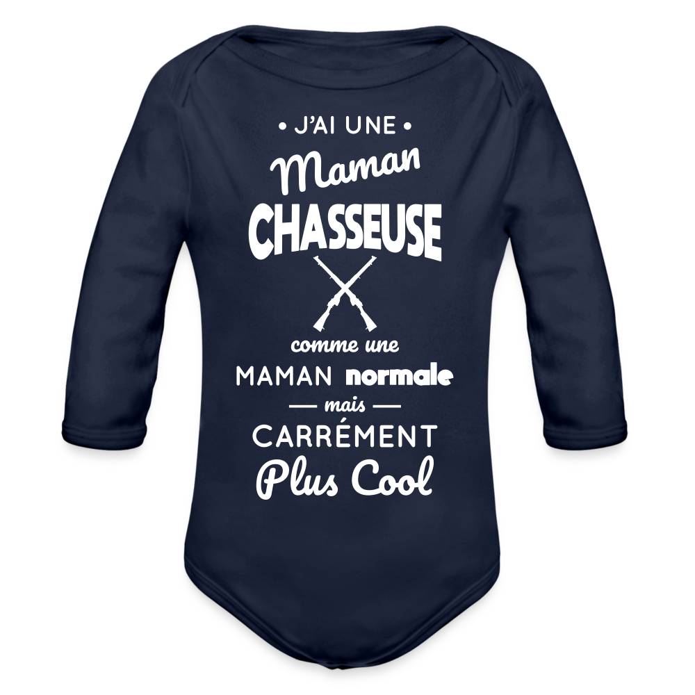 Body Bébé bio manches longues - J'ai une maman chasseuse - marine foncé