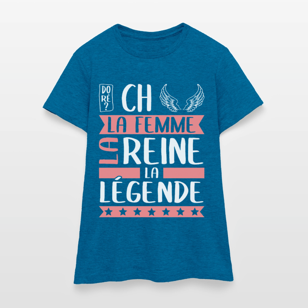 T-shirt femme Michèle rébus – La femme, la reine, la légende - bleu saphir antique chiné