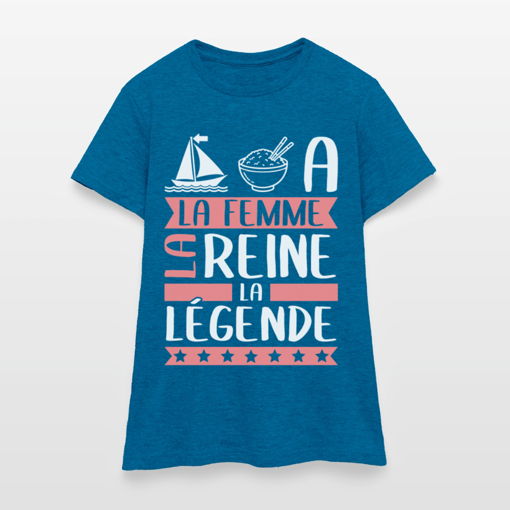 T-shirt femme Maria rébus – La femme, la reine, la légende - bleu saphir antique chiné