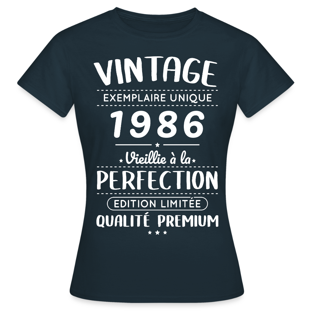 T-shirt anniversaire femme 40 ans – Vintage 1986 – Perfection - marine