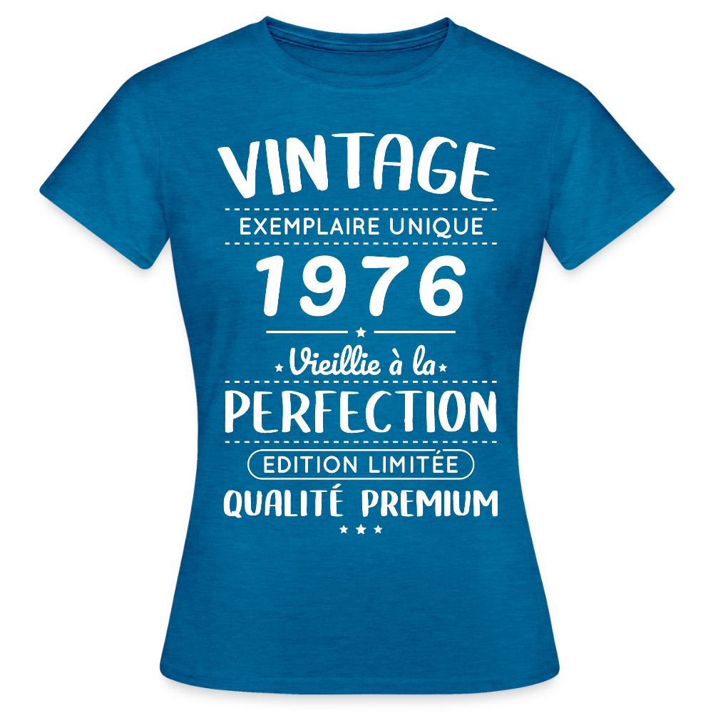 T-shirt anniversaire femme 50 ans – Vintage 1976 – Perfection - bleu saphir antique chiné