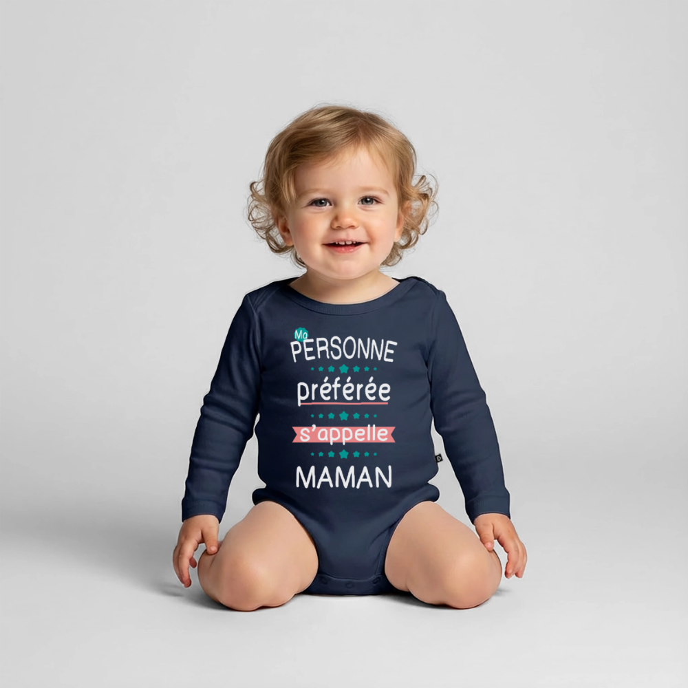 Body bébé bio manches longues impression rose - Personne préférée Maman - bleu marine