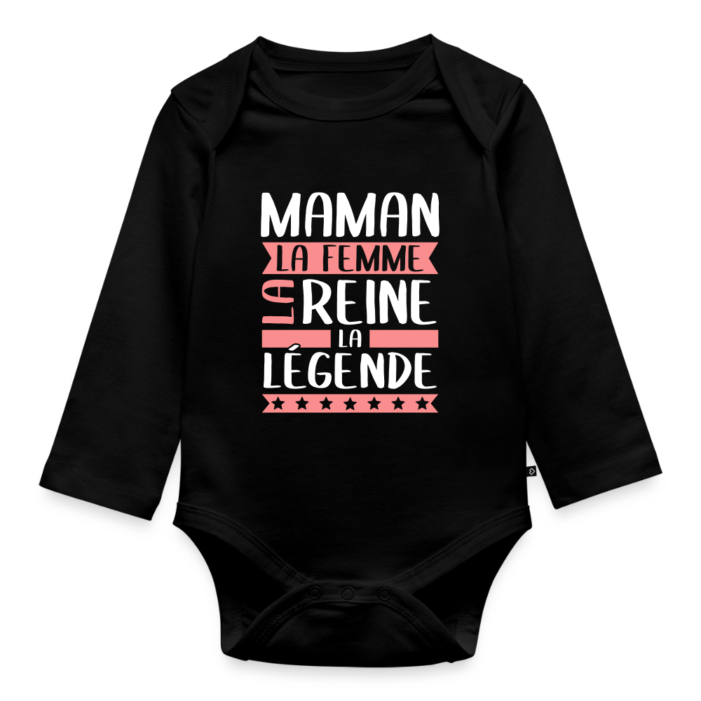 Body bébé bio manches longues motif rose - Maman, la femme, la reine, la légende - noir