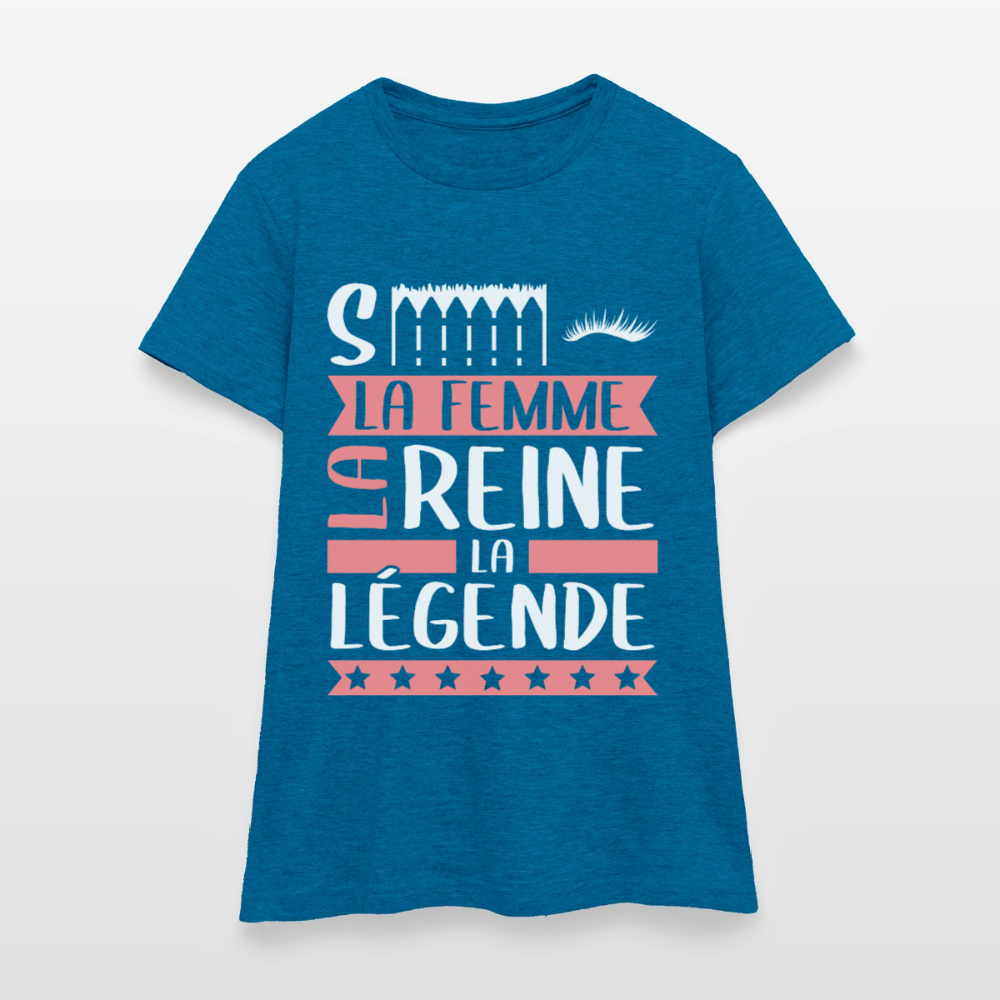 T-shirt femme Cécile rébus – La femme, la reine, la légende - bleu saphir antique chiné