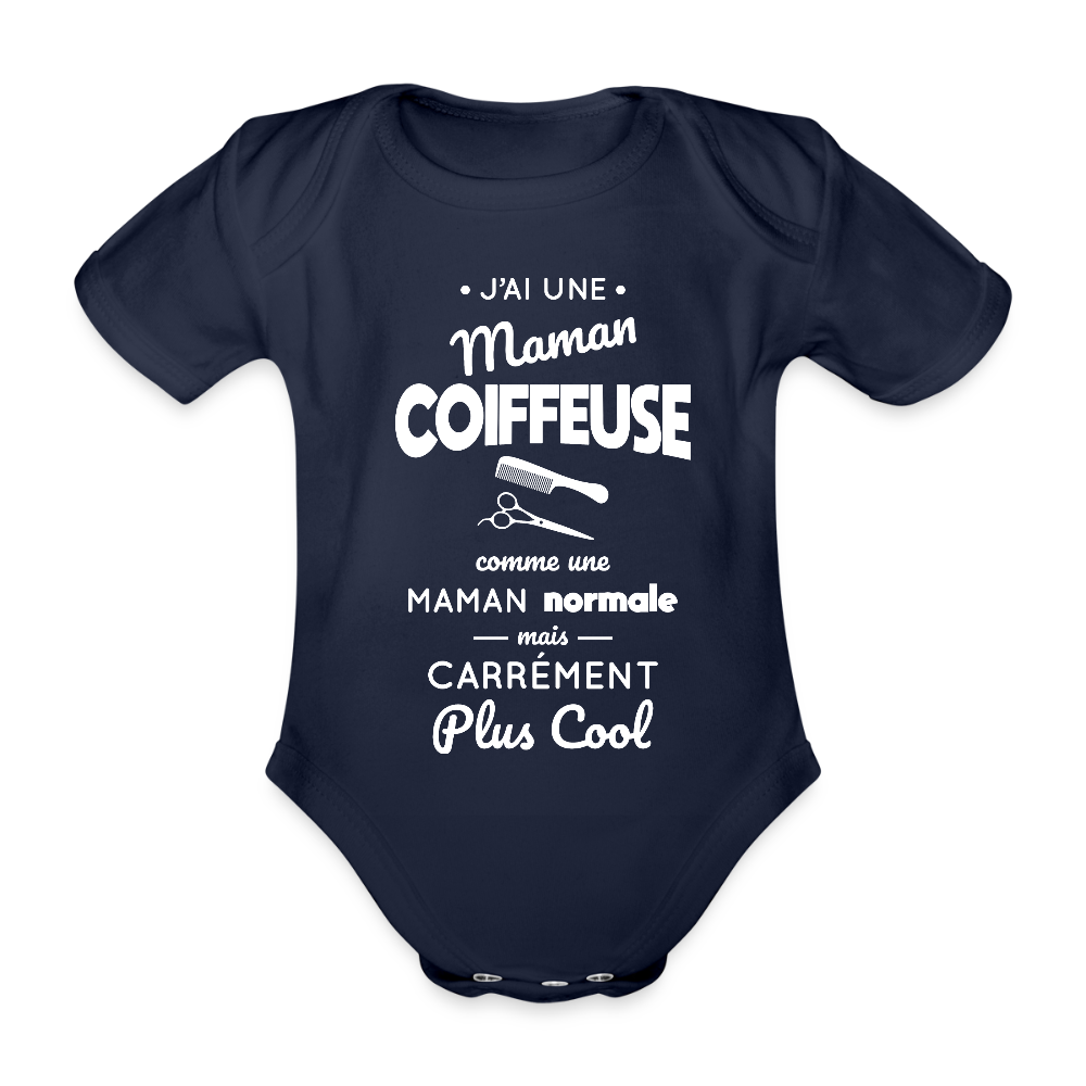 Body Bébé bio manches courtes - J'ai une maman coiffeuse - marine foncé