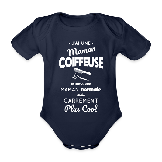 Body Bébé bio manches courtes - J'ai une maman coiffeuse - marine foncé