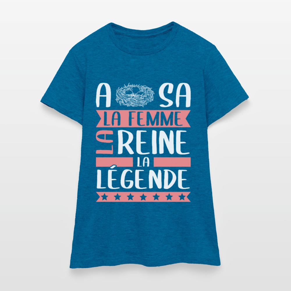 T-shirt femme Anissa rébus – La femme, la reine, la légende - bleu saphir antique chiné