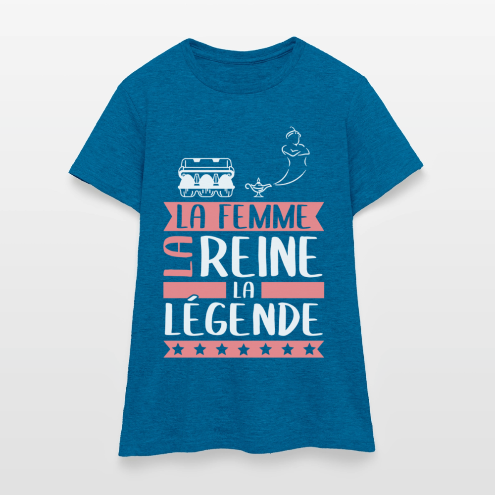T-shirt femme Eugénie rébus – La femme, la reine, la légende - bleu saphir antique chiné