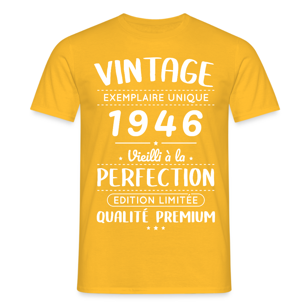 T-shirt anniversaire homme 80 ans – Vintage 1946 – Perfection - jaune