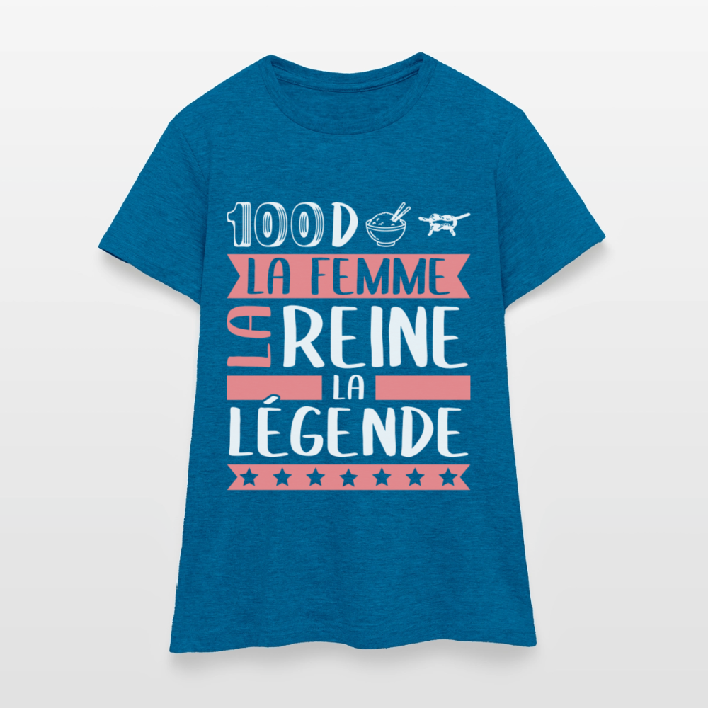 T-shirt femme Sandrine rébus – La femme, la reine, la légende - bleu saphir antique chiné