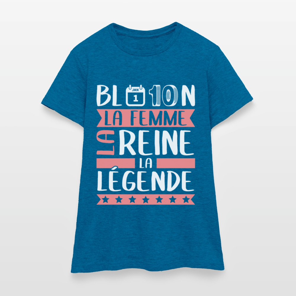 T-shirt femme Blandine rébus – La femme, la reine, la légende - bleu saphir antique chiné
