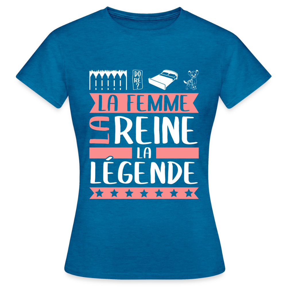 T-shirt femme Emilienne rébus – La femme, la reine, la légende - bleu saphir antique chiné
