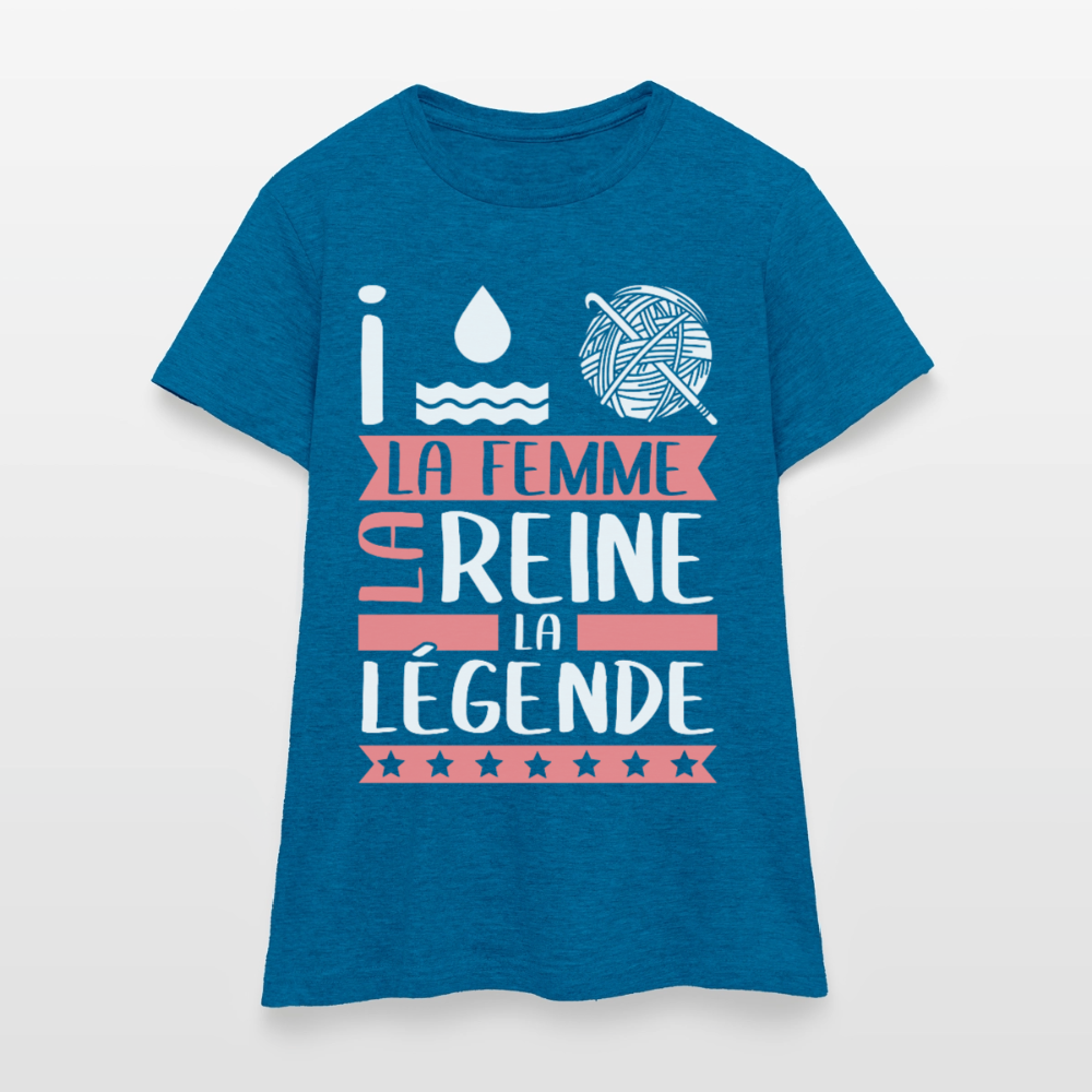 T-shirt femme Yolaine rébus – La femme, la reine, la légende - bleu saphir antique chiné