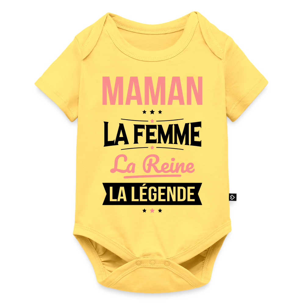 Body bébé bio manches courtes coloris clair motif rose - Maman, femme, reine, légende - jaune pastel