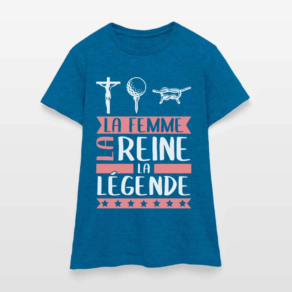 T-shirt femme Christine rébus – La femme, la reine, la légende - bleu saphir antique chiné