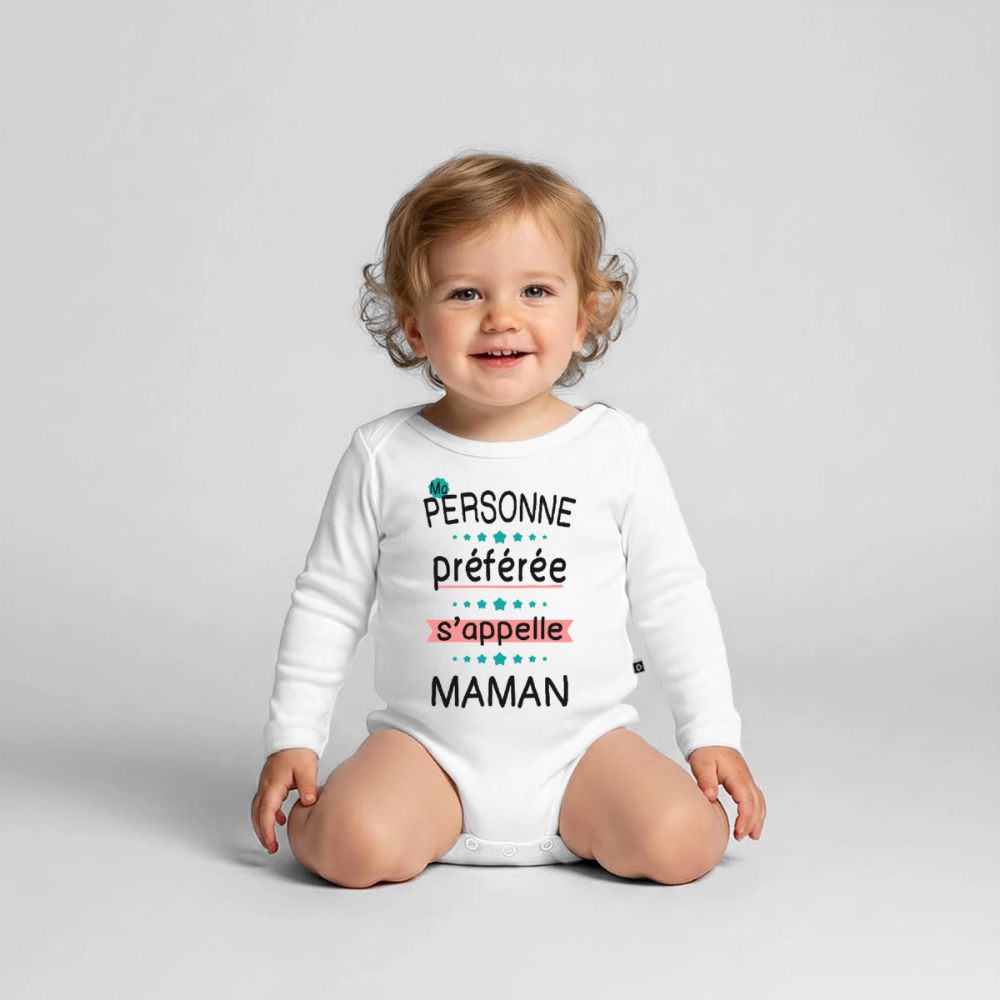 Body bébé bio manches longues coloris clair impression rose - Personne préférée Maman - blanc