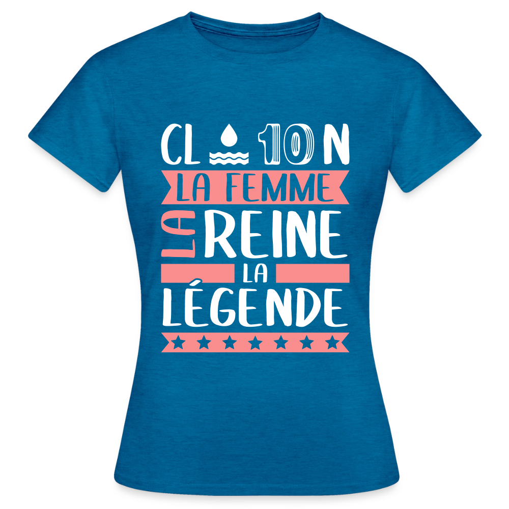 T-shirt femme Claudine rébus – La femme, la reine, la légende - bleu saphir antique chiné