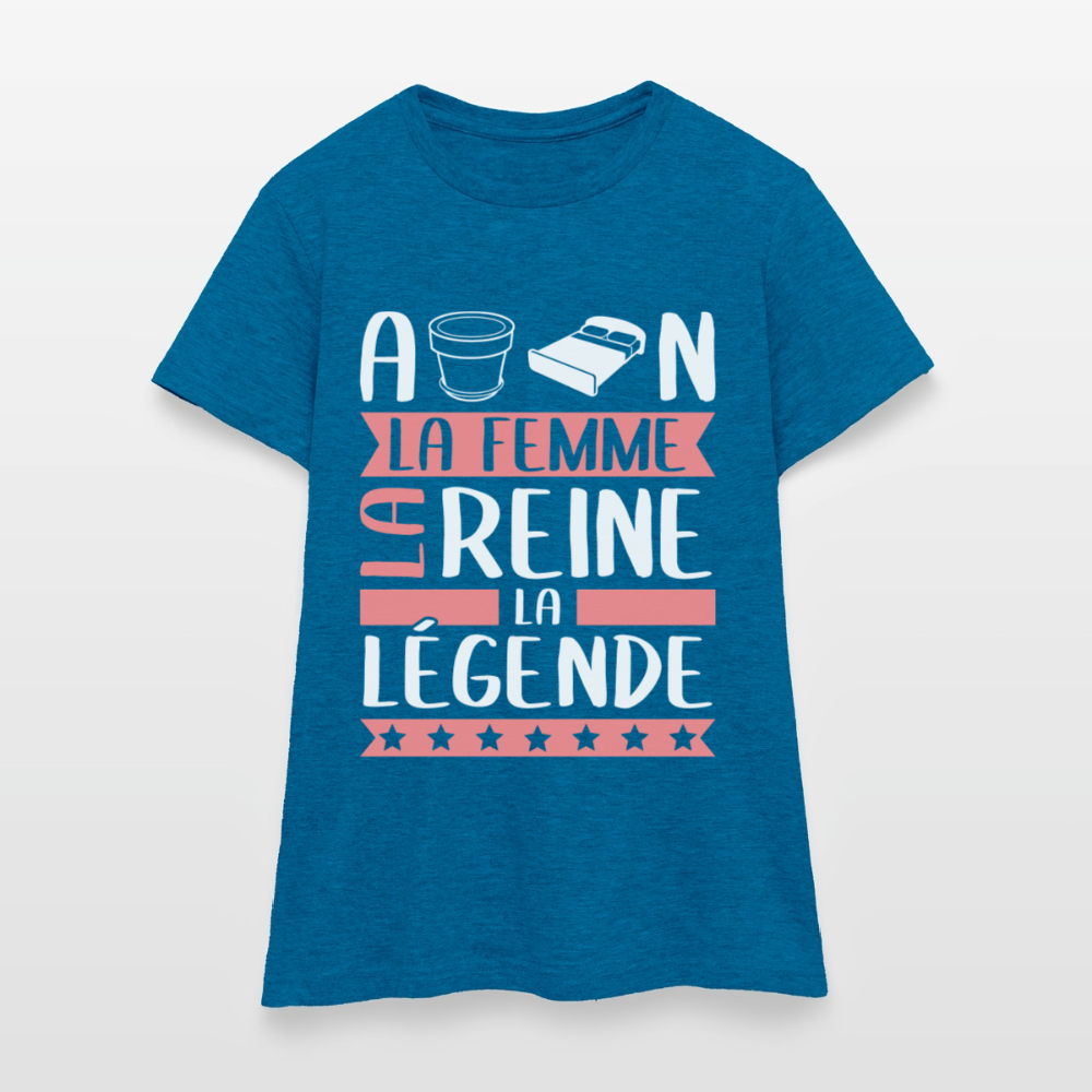 T-shirt femme Apolline rébus – La femme, la reine, la légende - bleu saphir antique chiné