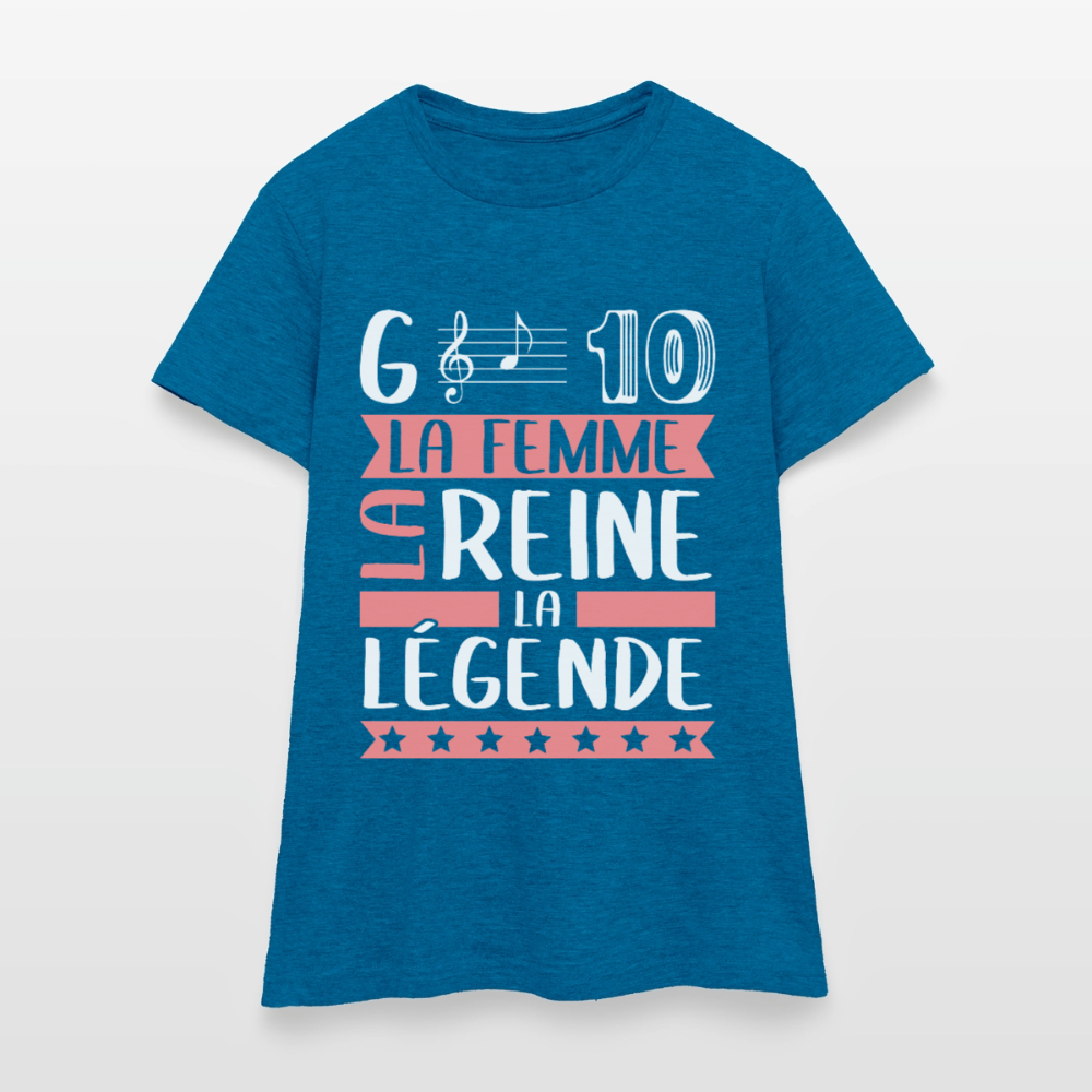 T-shirt femme Gladys rébus – La femme, la reine, la légende - bleu saphir antique chiné