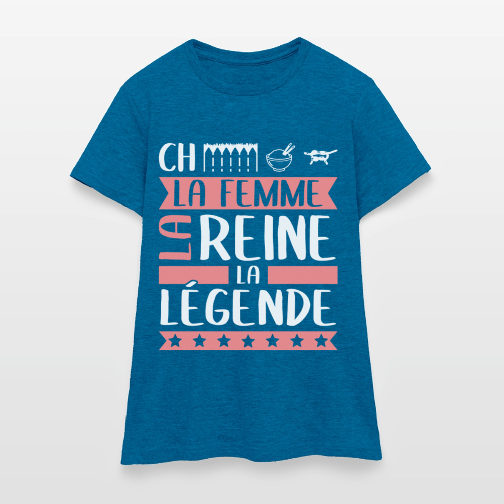 T-shirt femme Chérine rébus – La femme, la reine, la légende - bleu saphir antique chiné