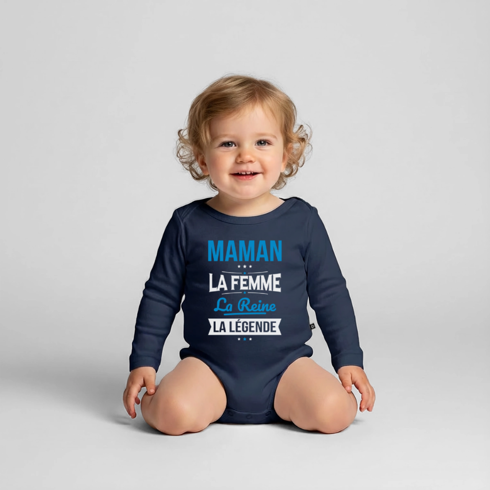 Body bébé bio manches longues - Maman, femme, reine, légende - bleu marine