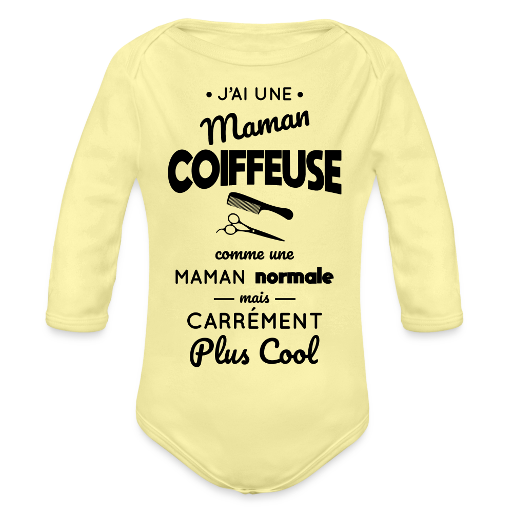 Body Bébé bio manches longues - J'ai une maman coiffeuse - jaune délavé