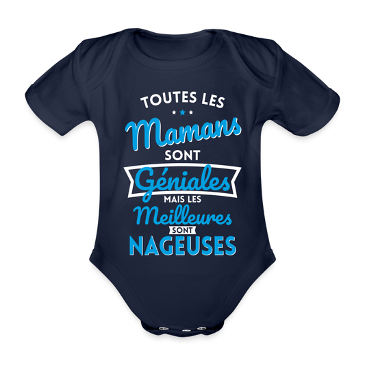 Body Bébé bio manches courtes - Mamans géniales - Les meilleures sont nageuses - marine foncé