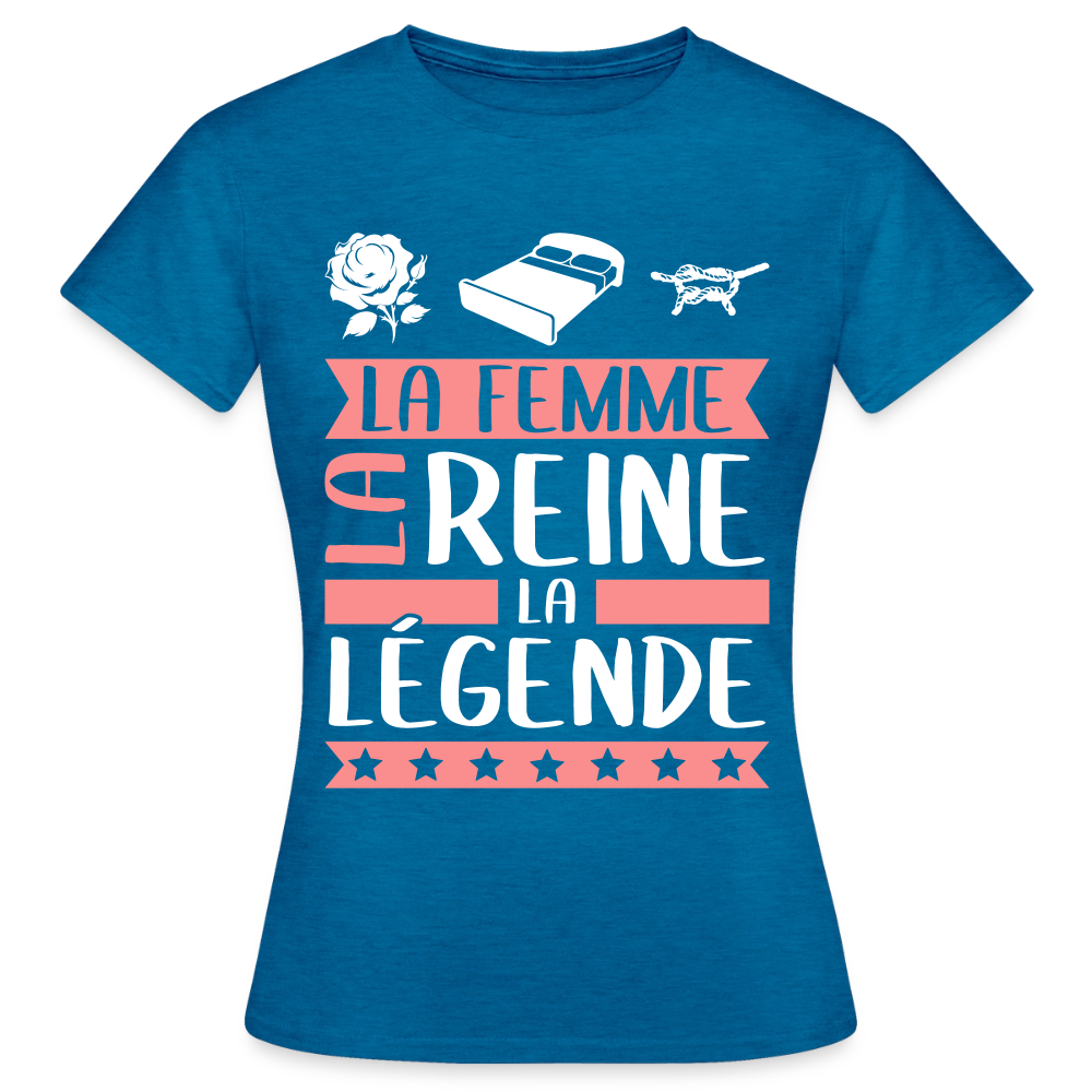 T-shirt femme Roseline rébus – La femme, la reine, la légende - bleu saphir antique chiné
