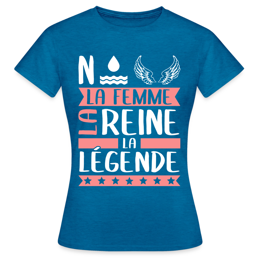 T-shirt femme Noëlle rébus – La femme, la reine, la légende - bleu saphir antique chiné