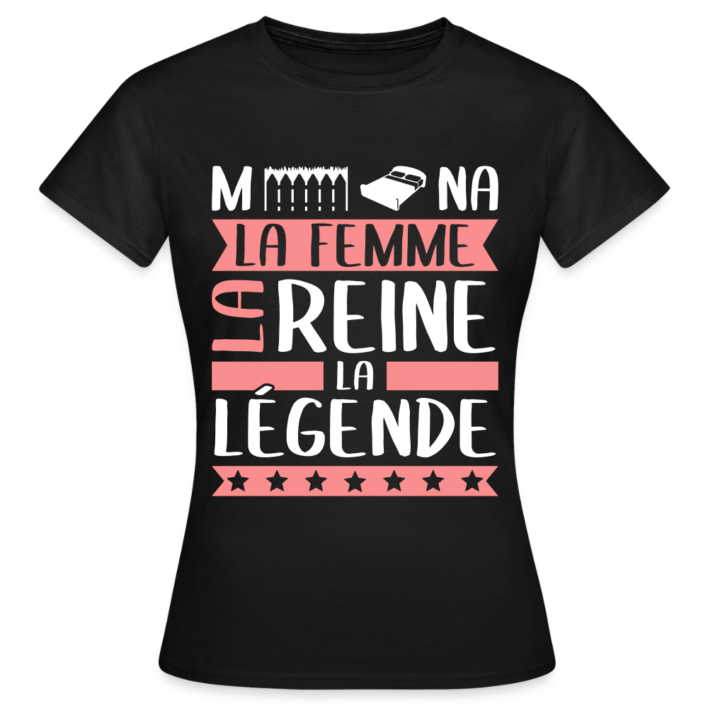 T-shirt femme Mélina rébus – La femme, la reine, la légende - noir