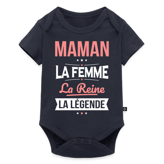 Body bébé bio manches courtes motif rose - Maman, femme, reine, légende - bleu marine