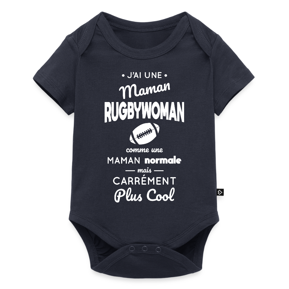 Body Bébé bio manches courtes - J'ai une maman rugbywoman - bleu marine