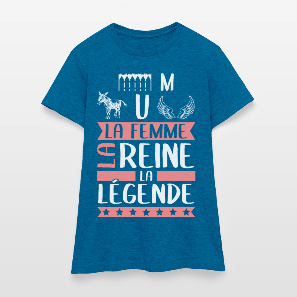 T-shirt femme Emmanuelle rébus – La femme, la reine, la légende - bleu saphir antique chiné
