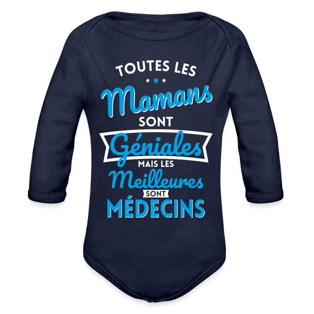 Body Bébé bio manches longues - Mamans géniales - Les meilleures sont médecins - marine foncé