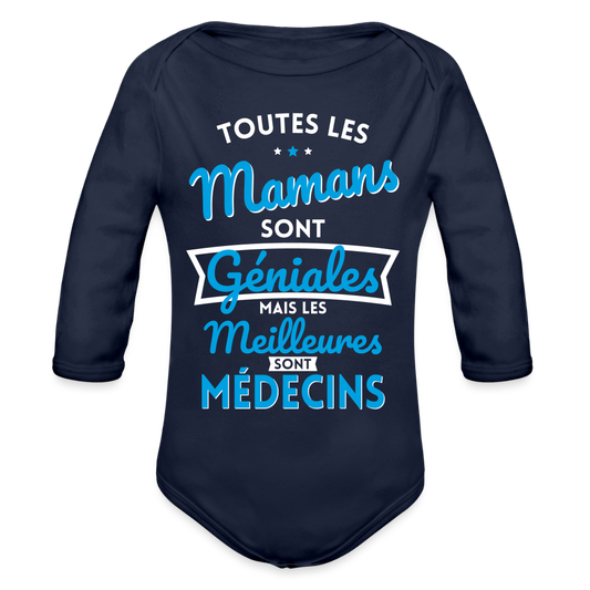 Body Bébé bio manches longues - Mamans géniales - Les meilleures sont médecins - marine foncé