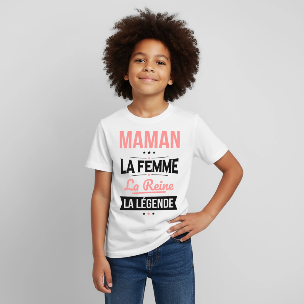 T-shirt enfant coloris clair motif rose - Maman, femme, reine, légende - blanc