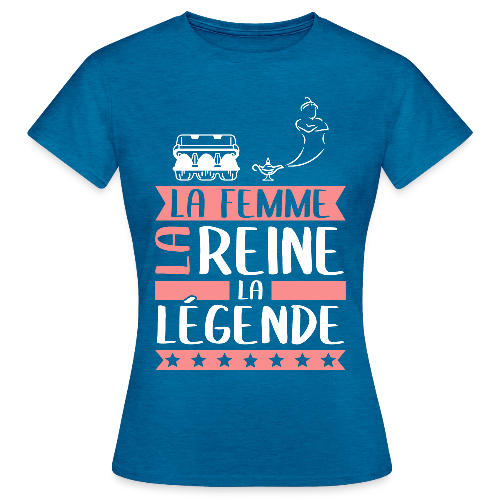 T-shirt femme Eugénie rébus – La femme, la reine, la légende - bleu saphir antique chiné